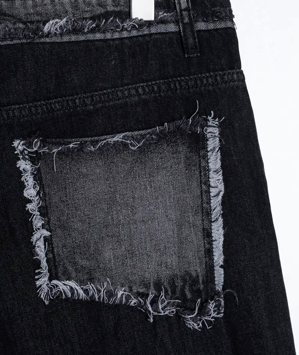 Short Denim Noir Destroyed Patchwork - Million Day