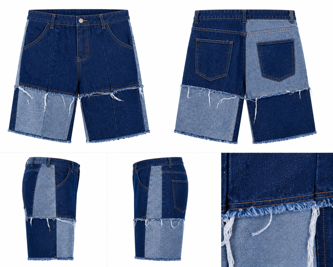 Bermuda Jean Patchwork Bleu Effiloché