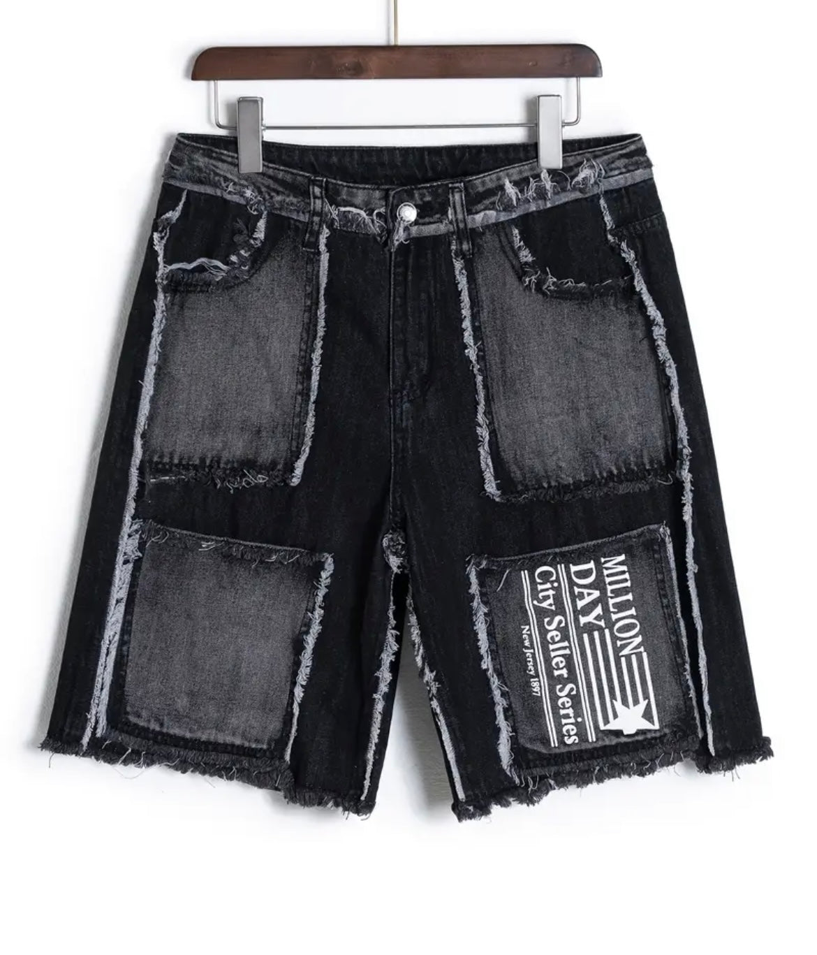 Short Denim Noir Destroyed Patchwork - Million Day