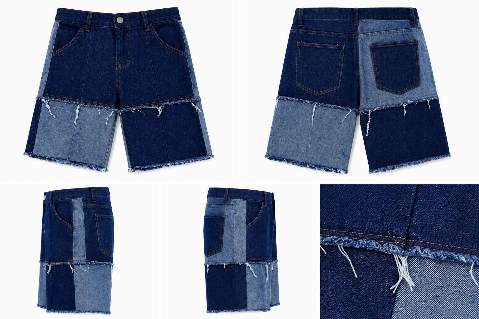 Bermuda Jean Patchwork Bleu Effiloché