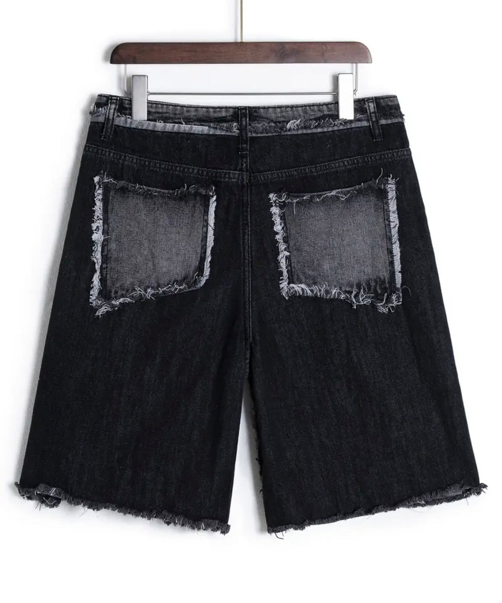 Short Denim Noir Destroyed Patchwork - Million Day