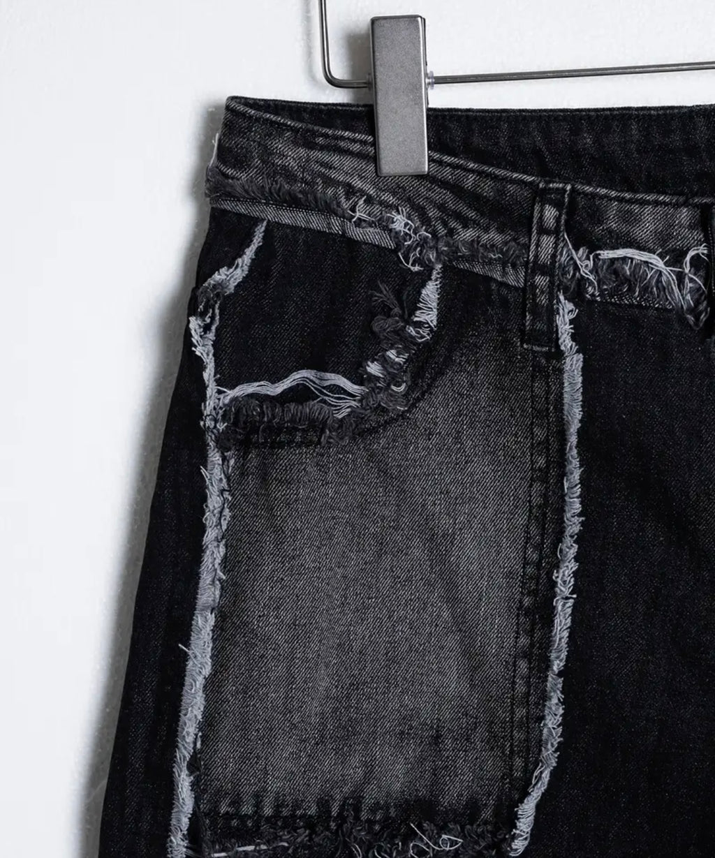 Short Denim Noir Destroyed Patchwork - Million Day